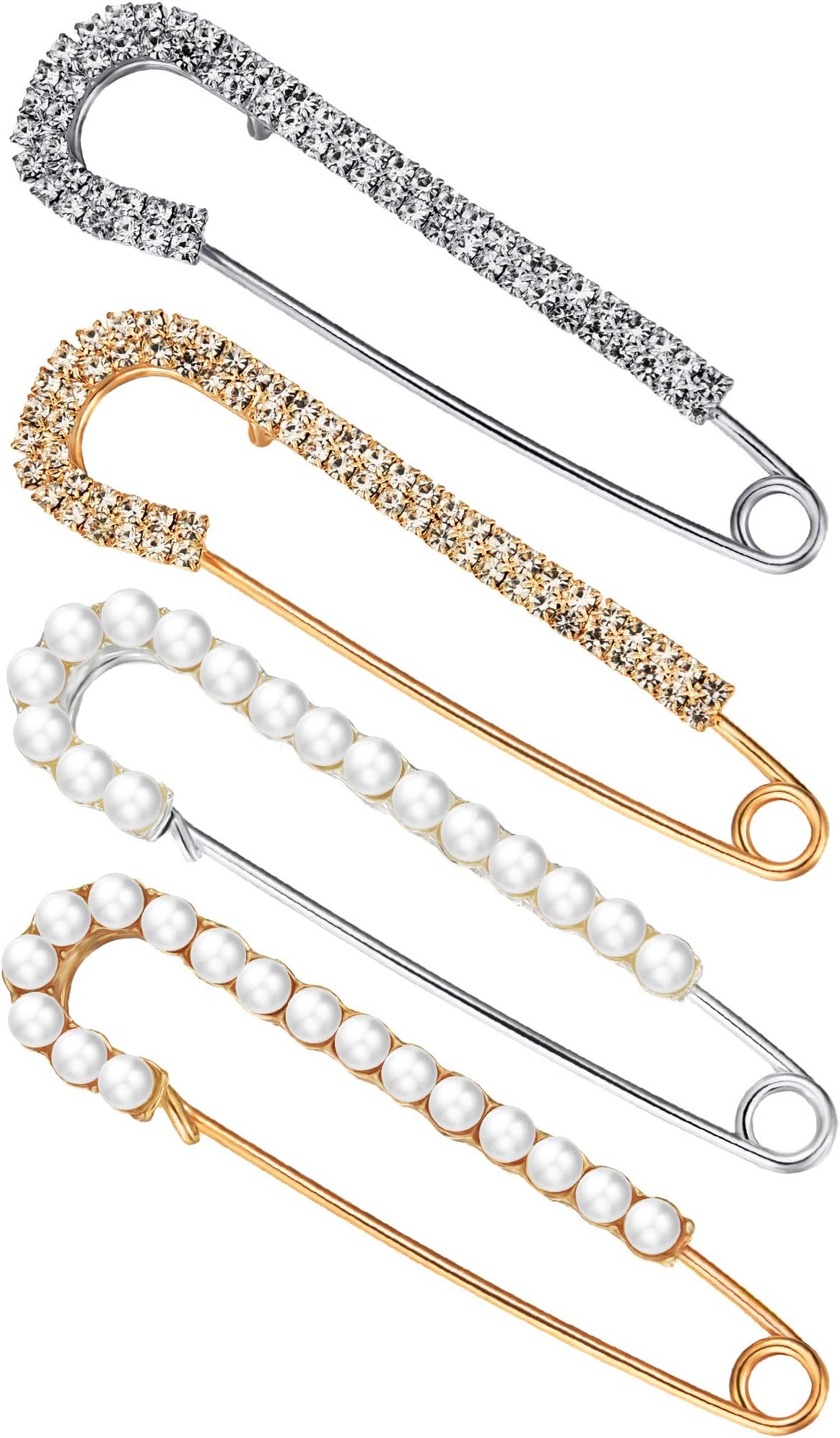 Women Brooch Pins Sweater Shawl Clips Faux Crystal Pearl Brooches Safety Pins Dress Shirt Clips for Women Gold Silver (4 Pieces), alloy, fake crystal and pearl - One Size
