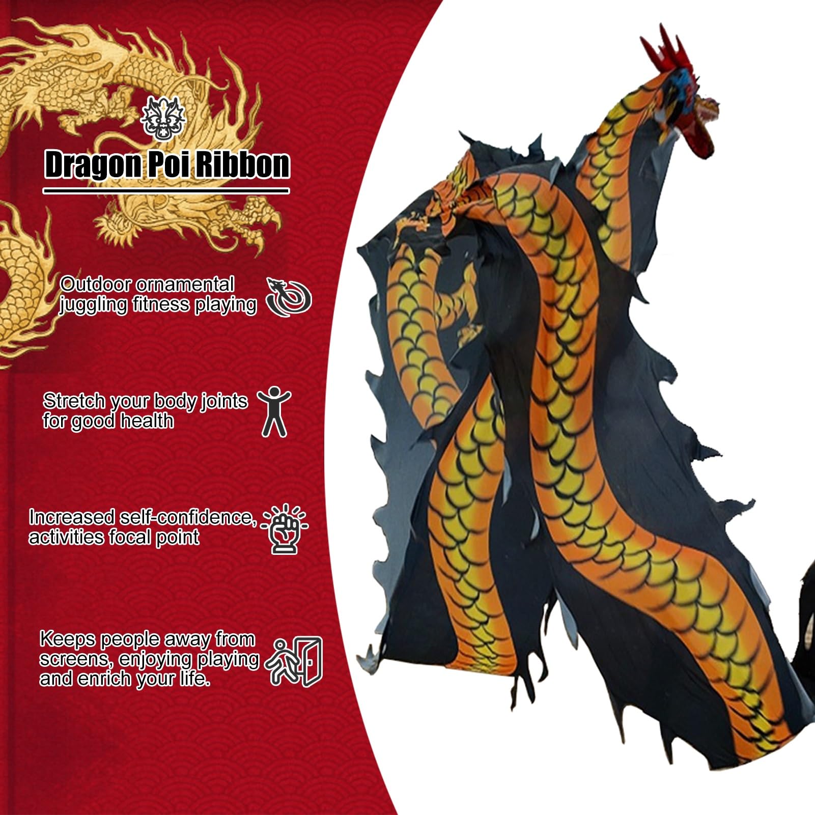 Nastro Dragon Poi for Bambini Adulti, Giocattolo Fitness all'aperto con Streamer Drago di Seta Cinese