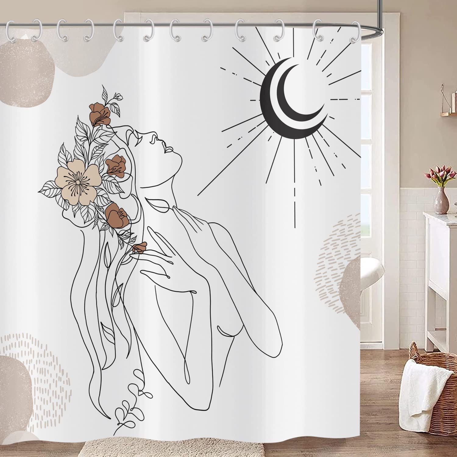 Abstract Woman Shower Curtain 180x220, Hnmdmyi Boho Mid Century Modern Minimalist Aesthetic Art Flower Girl Bathroom Curtains with Hooks Waterproof Polyester Fabric Washable Bath Curtains for Wet Room
