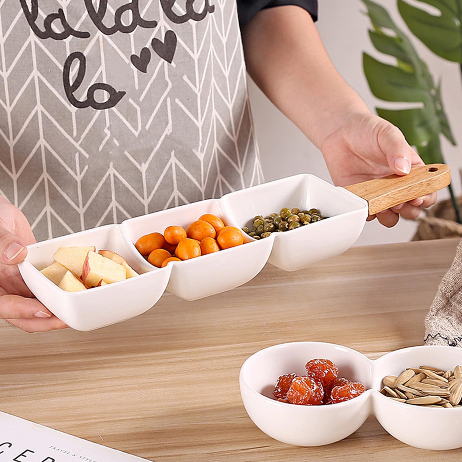 MAGICLULU Keramik und Lebensmittelgeschäft für Zuhause Leicht und Tragbar Snackschüssel 2 Stück Drei Stück Weiß mit Holzgriff und Salatschüssel auch Dessert