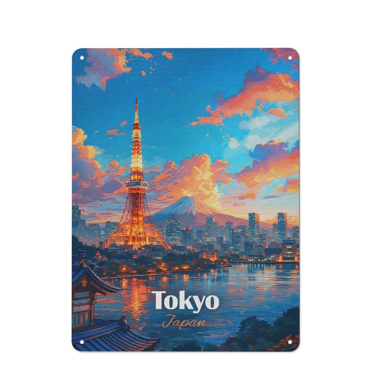 Junmoney Style-23 Tokyo Cityscape With Mount Fuji(3) Cafe Metal Sign 40X30cm, Bistro Style Bistro Wall Plaque For Coffee Bar, Small Shop Or Dining Room