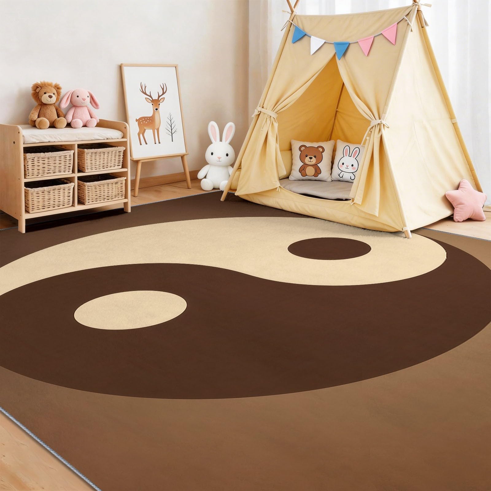 Wohnzimmer Teppich – Traditionell Orientalisch Retro, Yin Yang Symbol Punkte, Esszimmer Schlafzimmer Küche Flur, Waschbarer Rutschfester Teppich, 180 x 240 cm DunkelDunkel