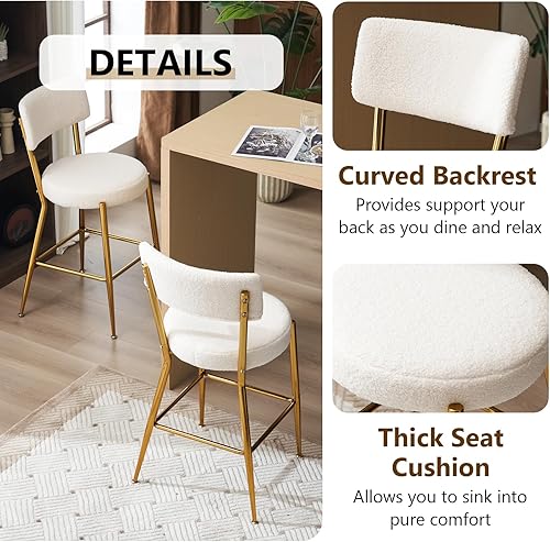 Miniatura 4 de NIOIIKIT Juego de 2 taburetes de bar modernos, cómodos taburetes de comedor tapizados de tela de peluche con patas de metal, taburetes altos con
