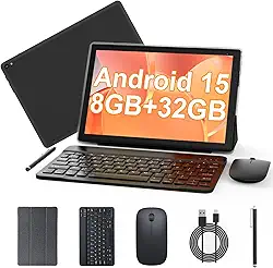 Tablet Android 15 de 10 polegadas, tablet 2 em 1 com teclado. 8 GB de RAM + 32 GB de ROM, compatível com tablets expansíveis de 1 TB, CPU quad-core, tela HD, BT, WiFi, tablets de longa duração da