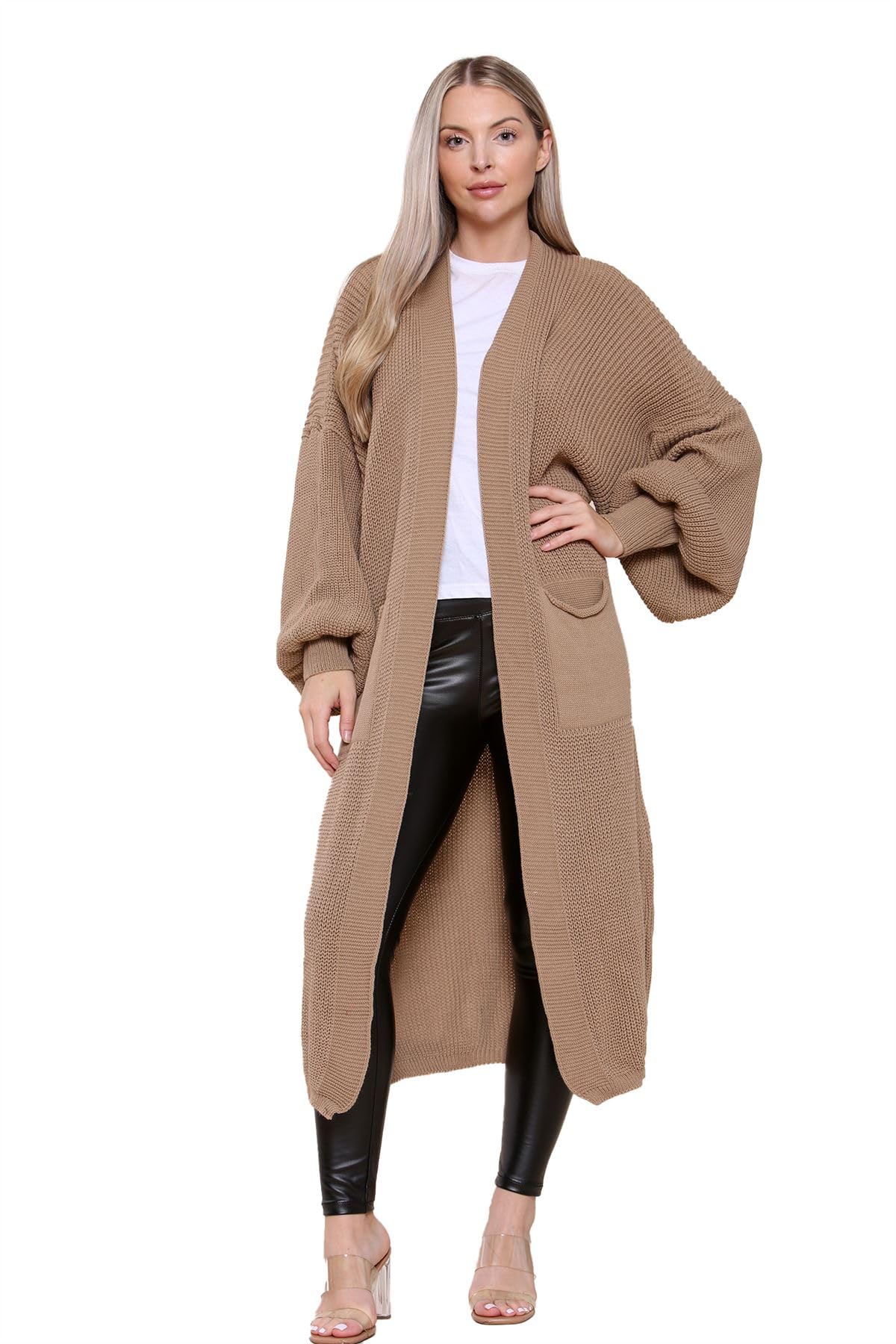 Hamishkane® Womens Chunky Knitted Cardigan, Open Front Balloon Sleeve Long Cardigans for Women UK, Winter Maxi Coatigan with Pockets, Warm Oversized Fall Sweater Mocha