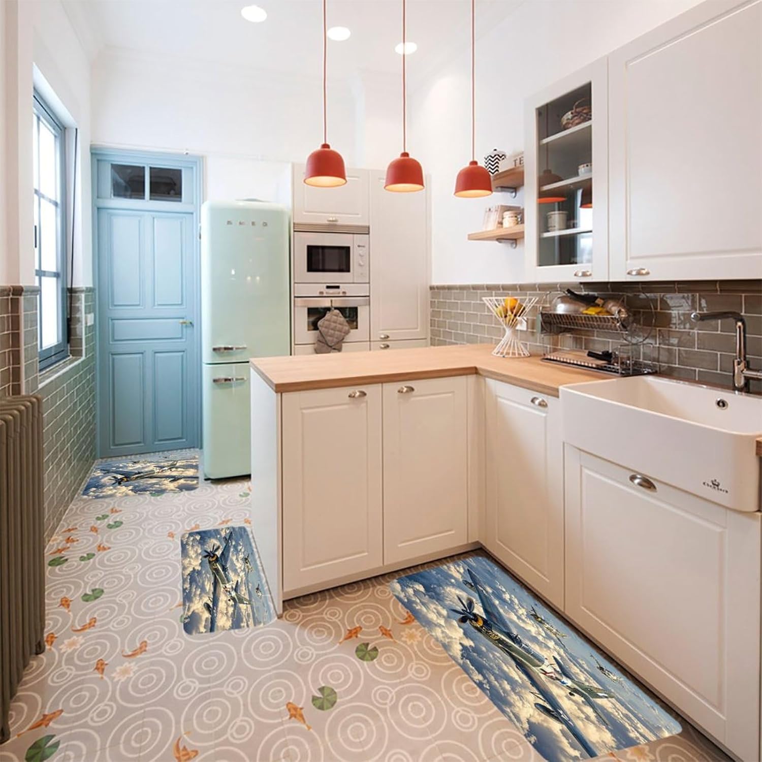 World War Aircraft Kitchen Mats for Floor 3PCS Waterproof Low-Profile Kitchen Rugs Floor Mat Non Slip Anti Fatigue Mats Comfort Standing Mat Runner Rug Area Rug 6"x24"+20"x31"+17"x47"