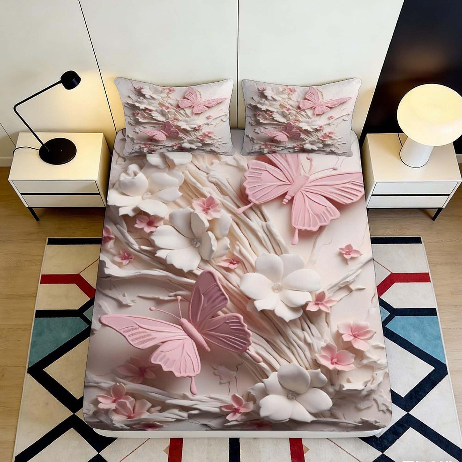 K1r3d9e5 Style-7 3D Printed Pink Butterfly Fitted Sheet Microfiber Soft Floral Bed Cover For Bedroom Guest Room Mattress Protection Decor 90X200x25cm