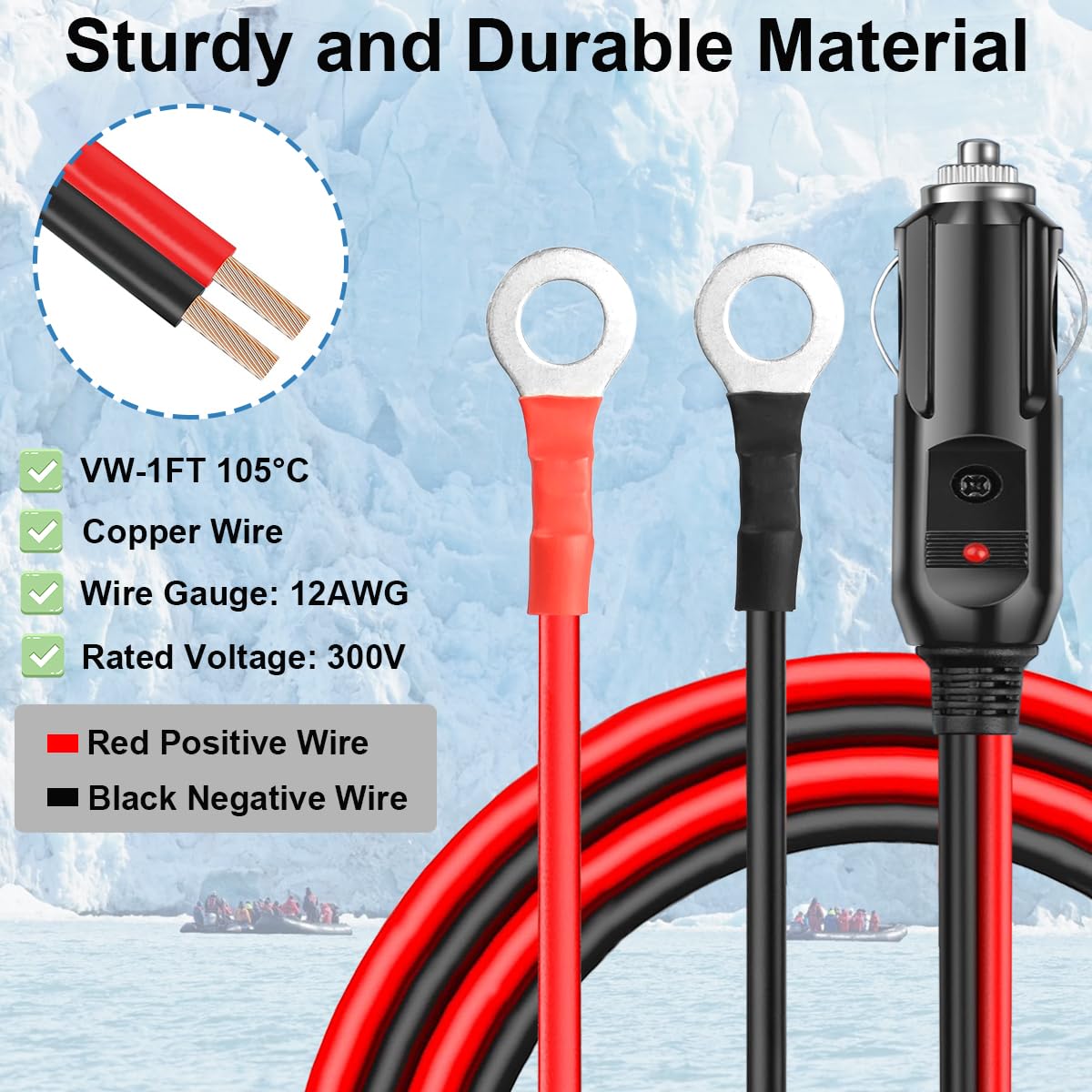 Presa accendisigari resistente Cavo adattatore accendisigari maschio 12 AWG a O-ring con scatola dei fusibili e spia LED per convertitore auto pompa aria barca(1m/3ft)