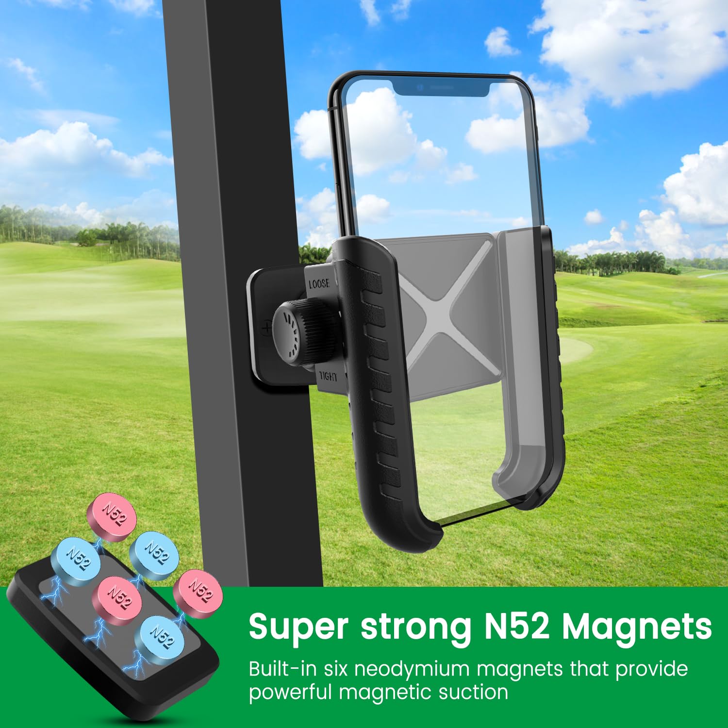 Golf Cart Phone Mount Holder Compatible with iPhone Galaxy Google Pixel Motorola, Golf Magnetic Phone Holder Compatible with Golf Cart EZGO Club Car Yamaha, Ultra Strength Magnets Cell Phone Caddy