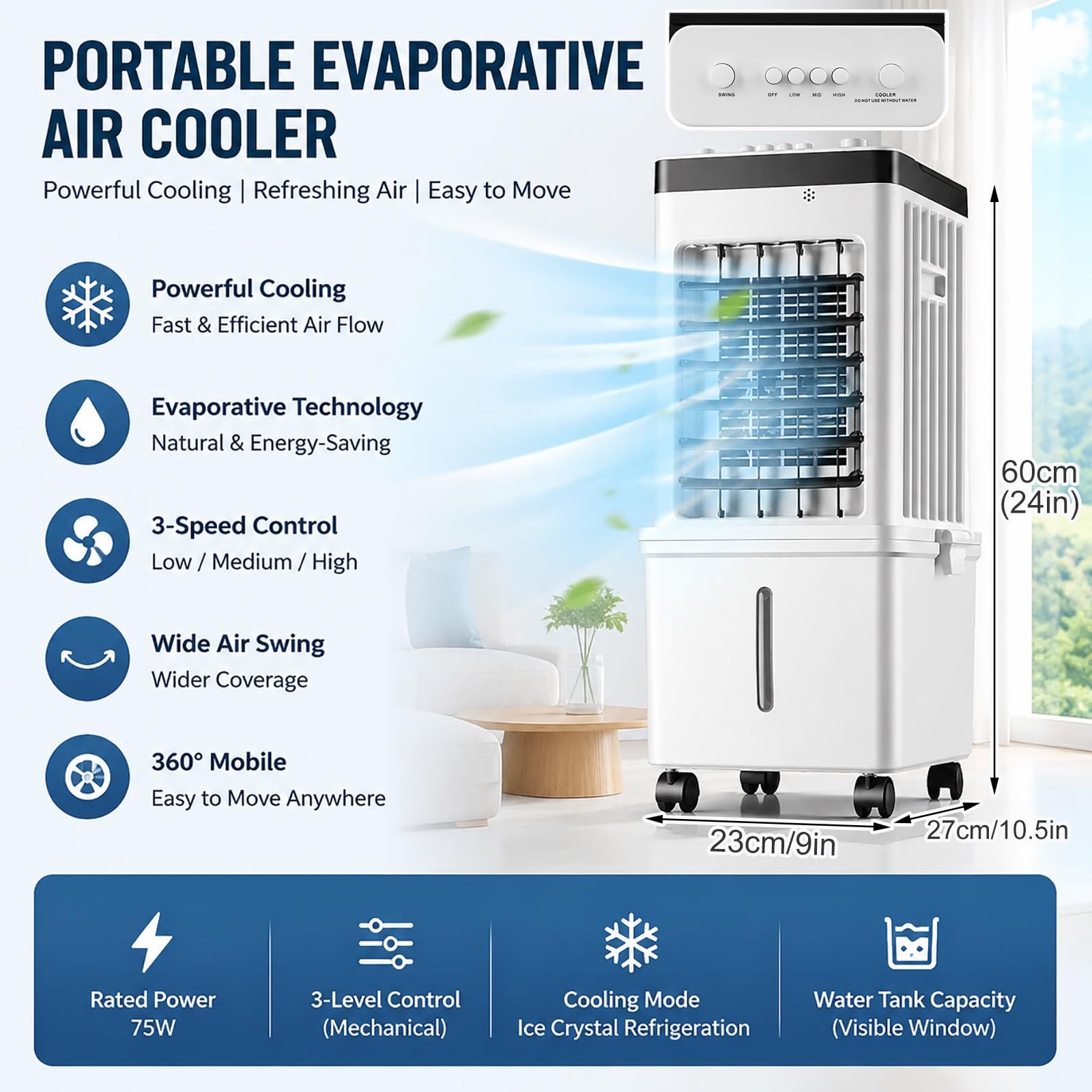Enfriador de Aire 15L con 4 Bloques de Hielo, Climatizador Evaporativo Portátil 3 Velocidades para Casa Oficina Dormitorio, Oscilación 90°