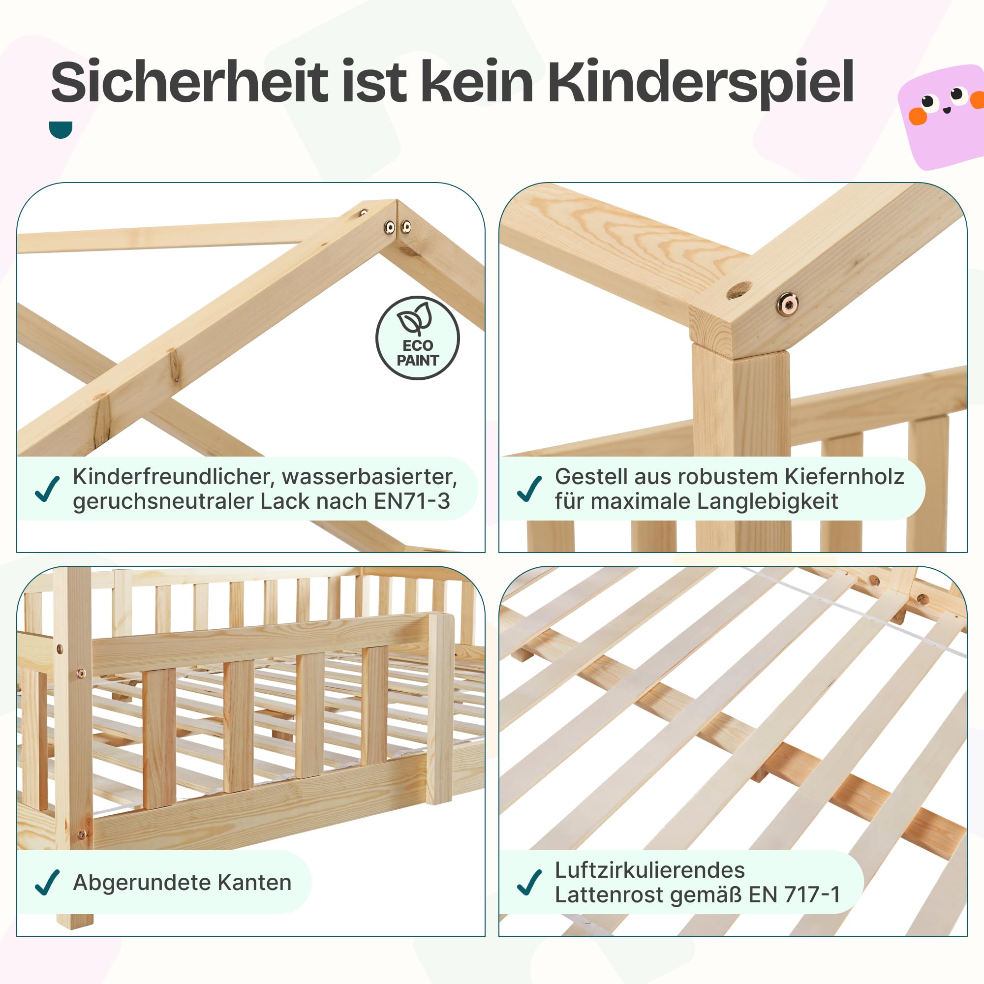 Kinderbett Treviolo Hausbett 120 x 200 cm Holzbett mit Rausfallschutz Montessori Bettgestell Kiefernholz