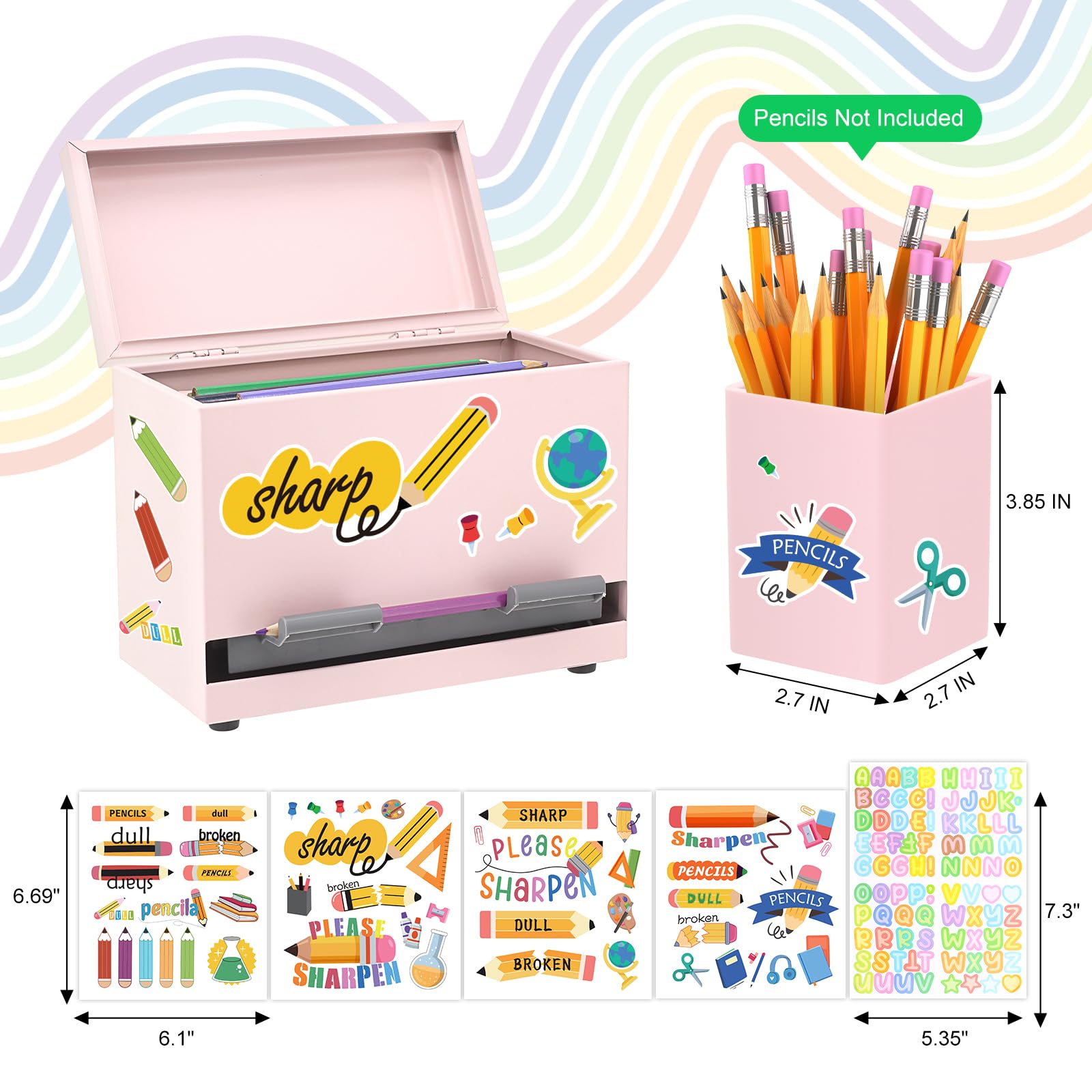 SYMDROMIA Stiftespender für Klassenzimmer, Edelstahl, Stifthalter für den Schreibtisch, Bleistiftspender-Set mit Silikon-Organizer und 5 Aufklebern, Schulanfang, Klassenzimmer, Muss für Lehrer, Rosa