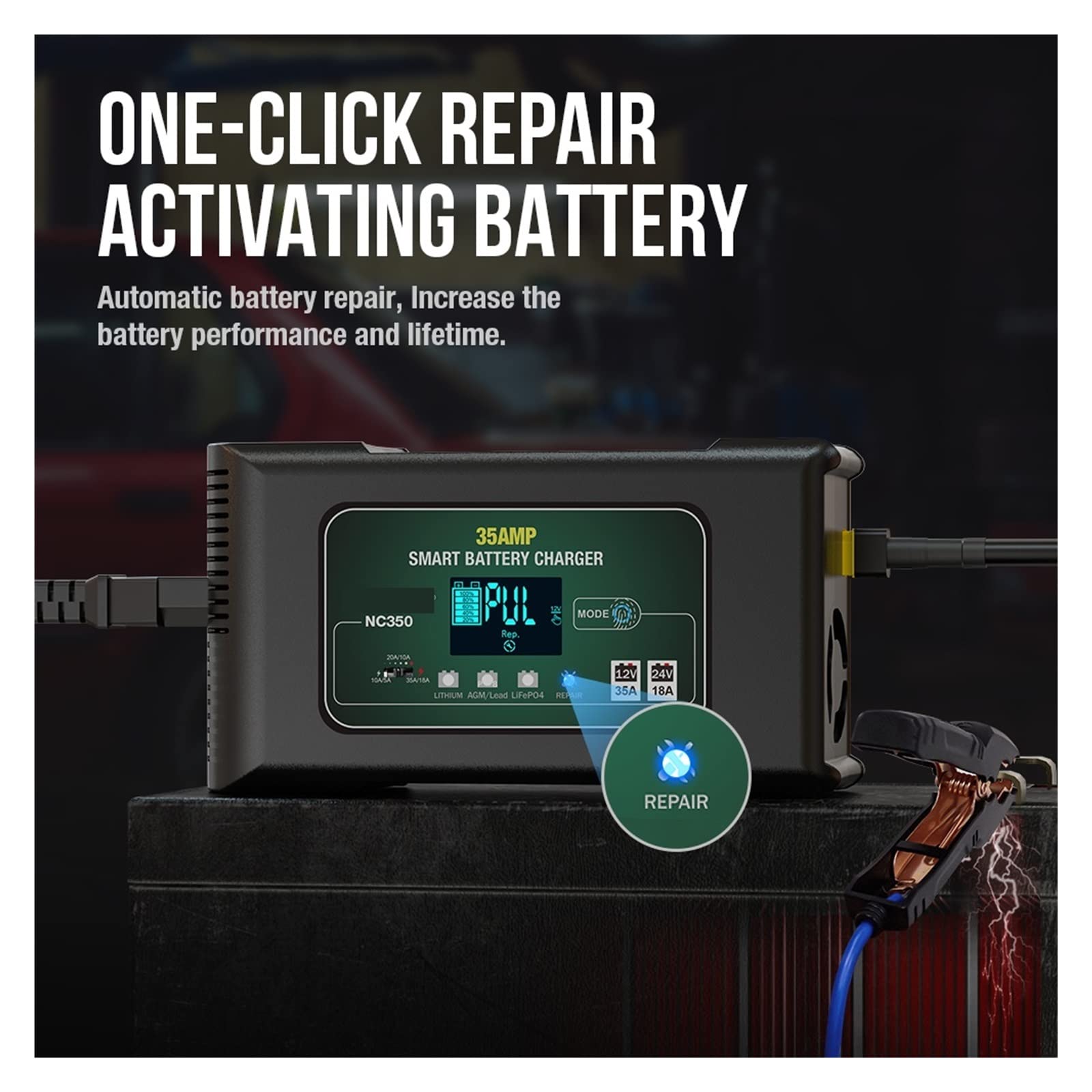 Chargeur de Batterie, 35A chargeur de batterie de voiture réparation d'impulsion affichage LCD Charge rapide intelligente for les Batteries Lithium-acide de plomb de camion de Moto automatique