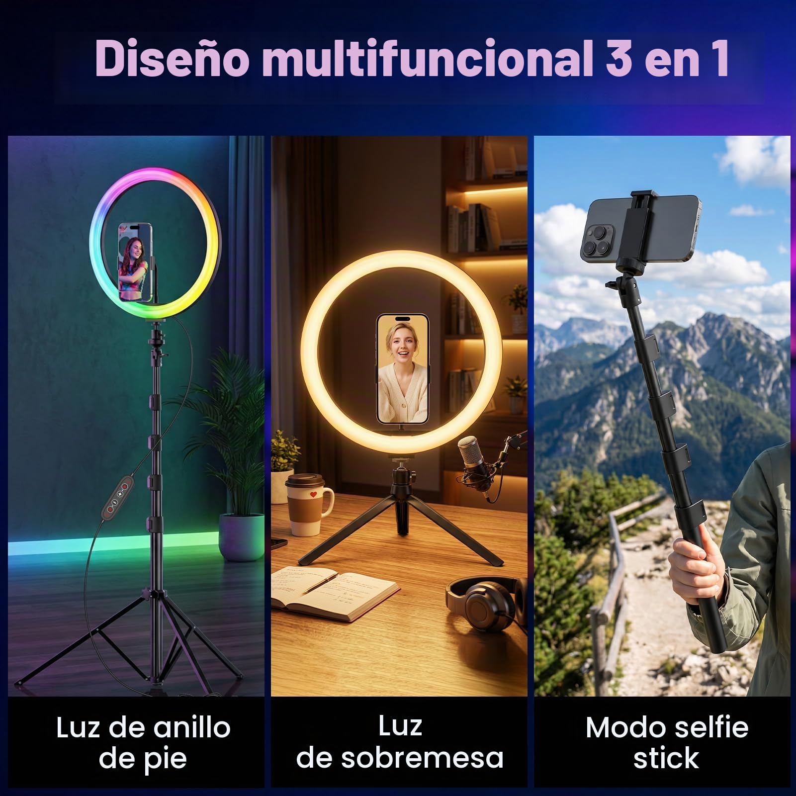 PEYOU 12" Aro de Luz con Trípode para Movil,186CM Ring Light 38 Modes RGB con Función Bluetooth Selfie y Mini Trípode Extra,para Youtube/TikTok/Twich Live/etc.