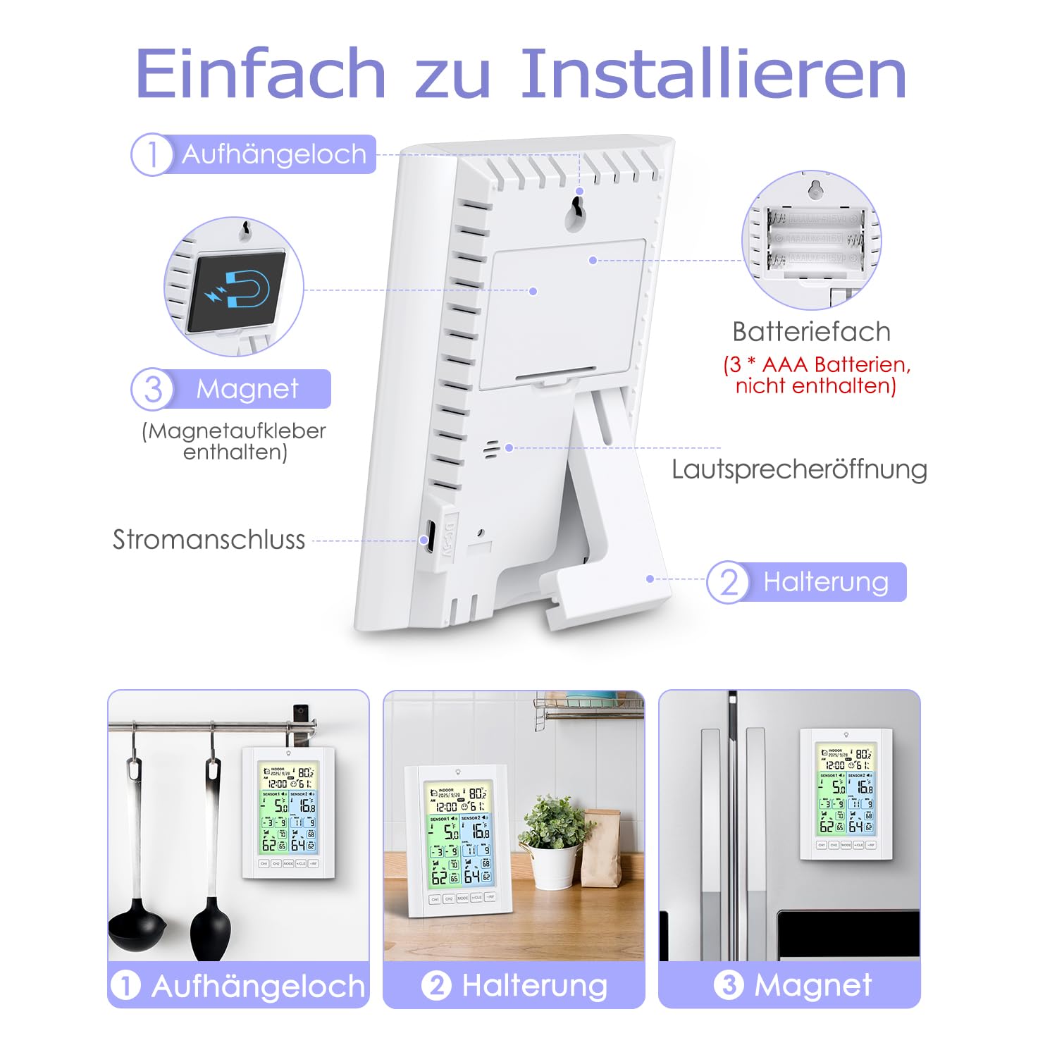 Termometro digitale per frigorifero, termometro per congelatore con 2 sensori, schermo a colori LCD con allarme, luce di fondo, max/min, calendario del tempo, DST, ℃/℉, modalità doppia