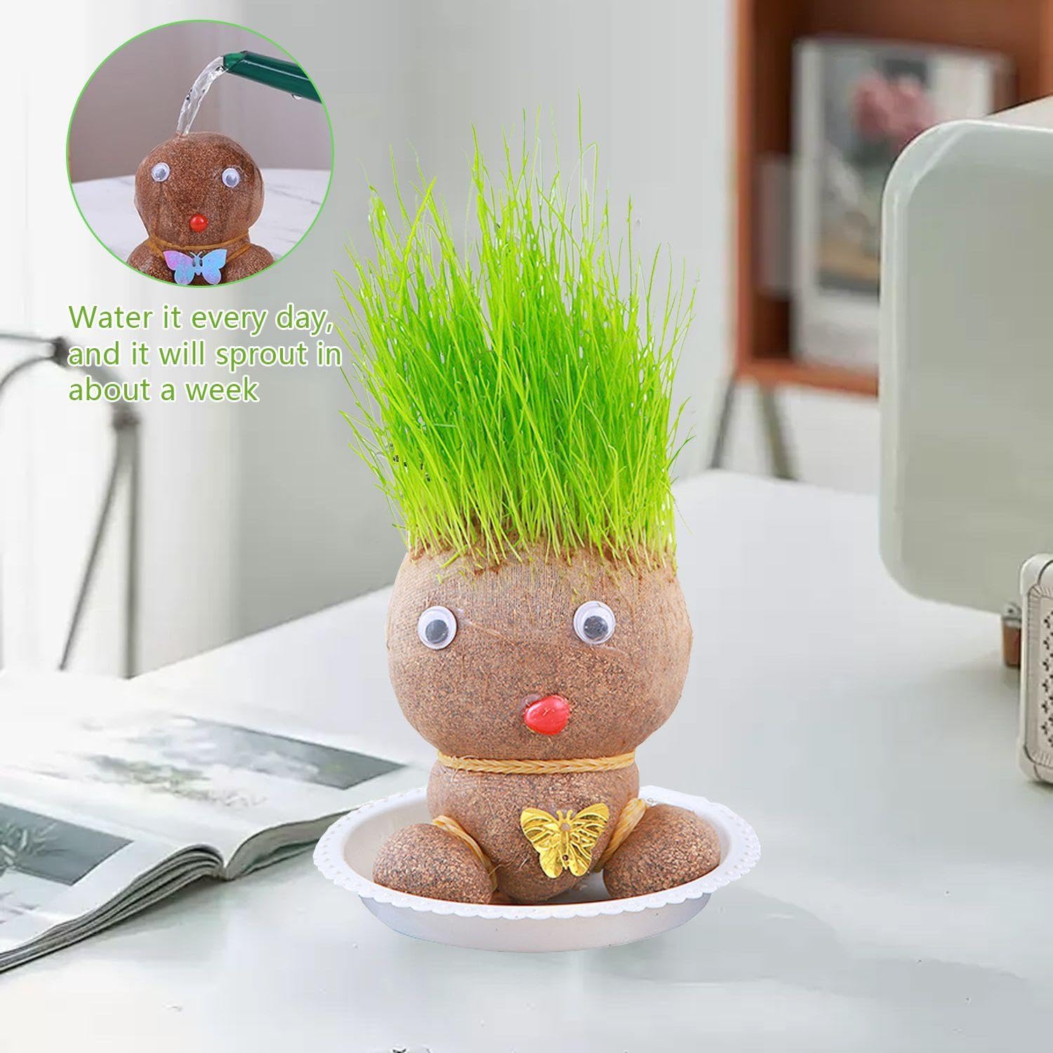 2 muñecos de crecimiento de plantas, 2 bandejas, muñecas de cabeza de hierba con cabeza de flores, mini muñecos de cabeza de hierba bonsai, decoraciones creativas de escritorio de oficina