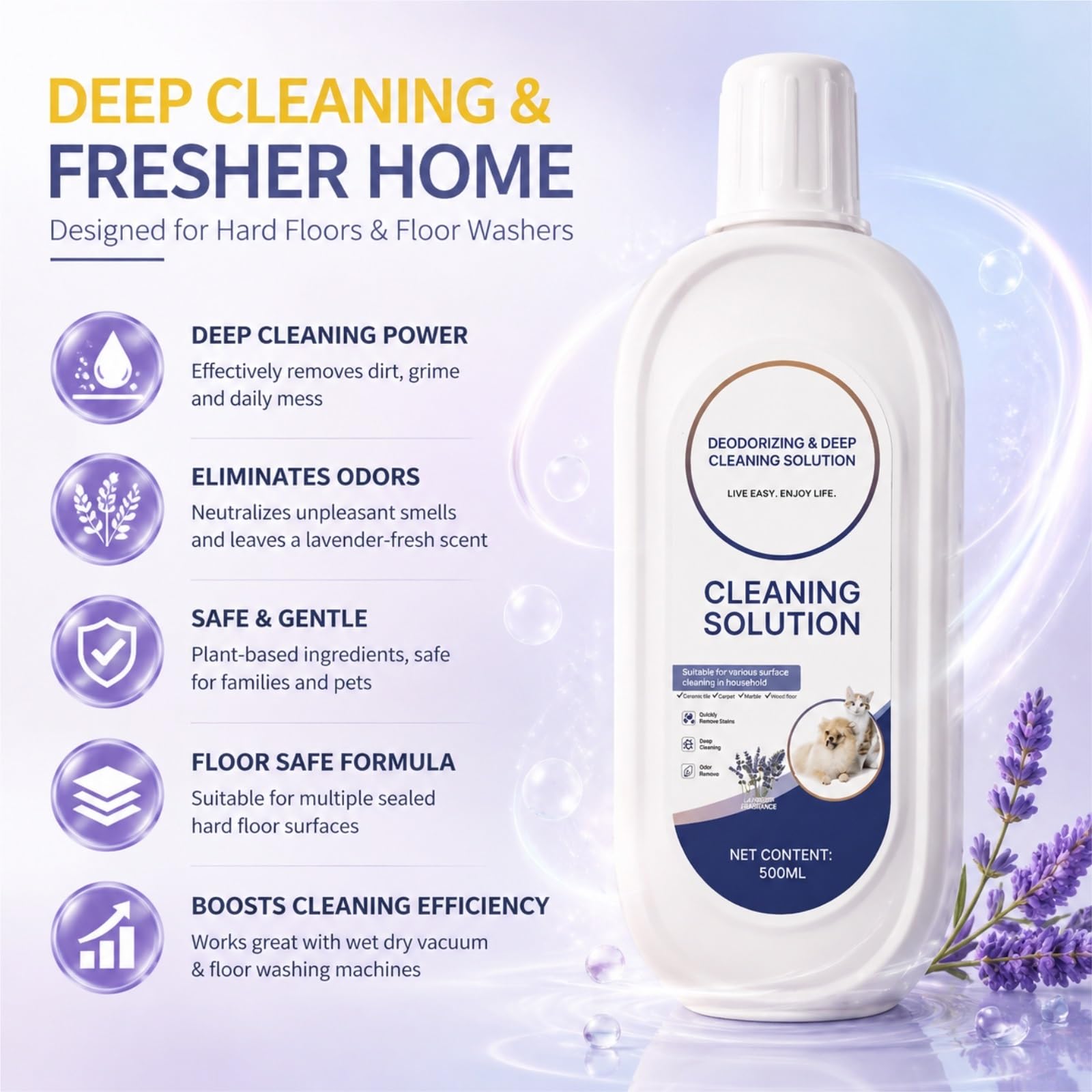 Limpiador for Pisos Duros, 500ML X 5, Aroma Lavanda, Eliminador Profundo de Olores, Fórmula Baja Espuma, Compatible con Tineco Robot Fregador/Aspiradora Wet Dry