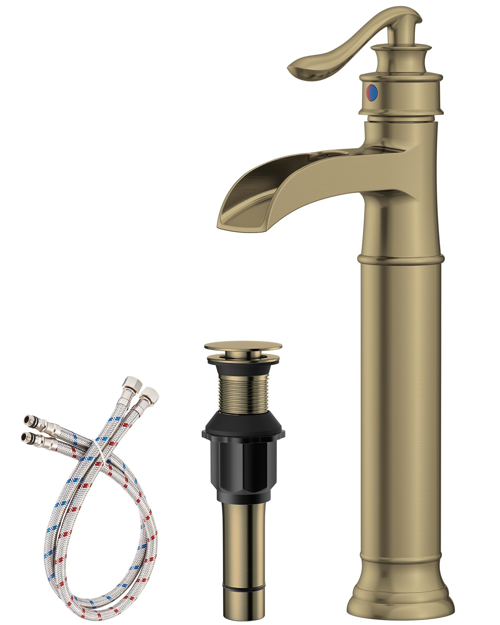 Sxithgkdw Brushed Gold Vessel Sink Faucet Waterfall Tall Bathroom Faucet Single Handle Single Hole Bowl Sink Faucet With Pop Up Drain Assembly And Water Supply Hose Commercial Lavatory Mixer Tap By