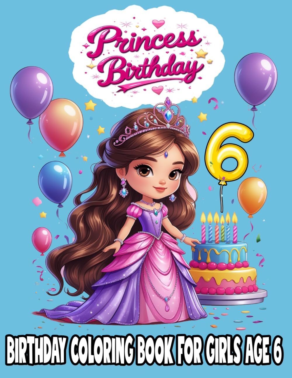 Princess Birthday Coloring Book for Girls Age 6: Fun and Easy Coloring Pages with Cute Princesses, Balloons, and Birthday Cakes – Perfect Gift for 6-Year-Old Girls