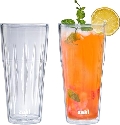 Zak Designs Juego de 2 vasos de plástico aislado de 25 onzas, con construcción de doble pared, fabricado con material duradero y sin BPA para