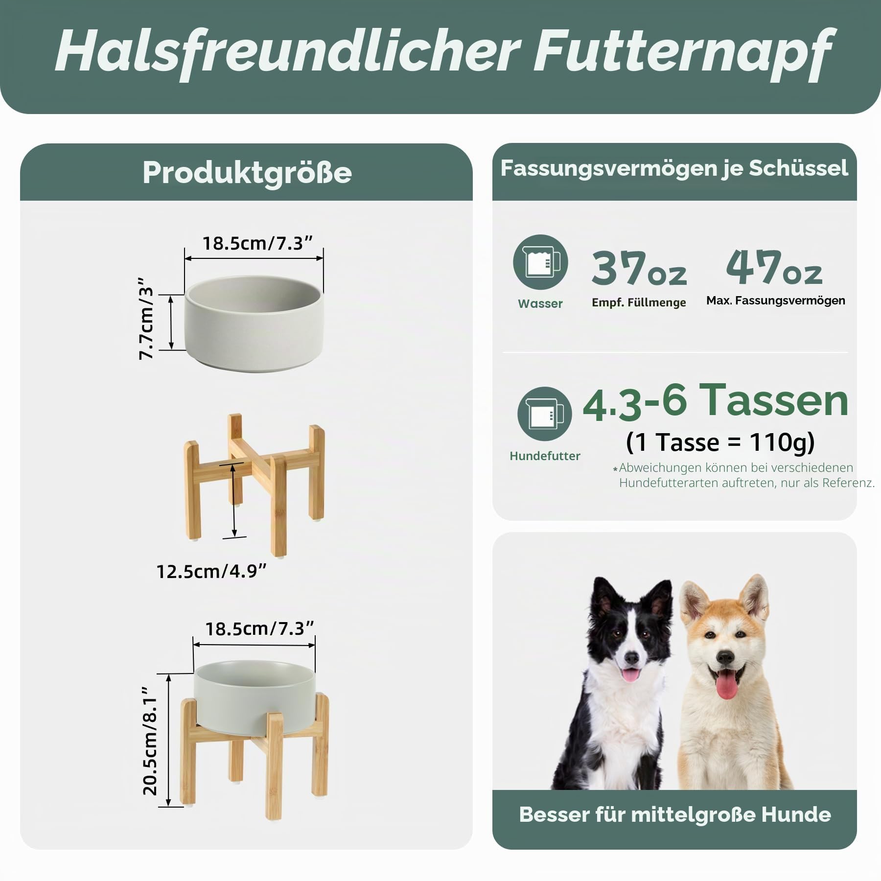 Havniva Ceramic 18,5 cm Hocheinlegesatz für Hunde, Erhöht mit Ständer, Futter- und Wasserbecher für mittelgroße Hunderassen, gewichtete Hundefressschalen, Petbecher (1,3 l, Grau)