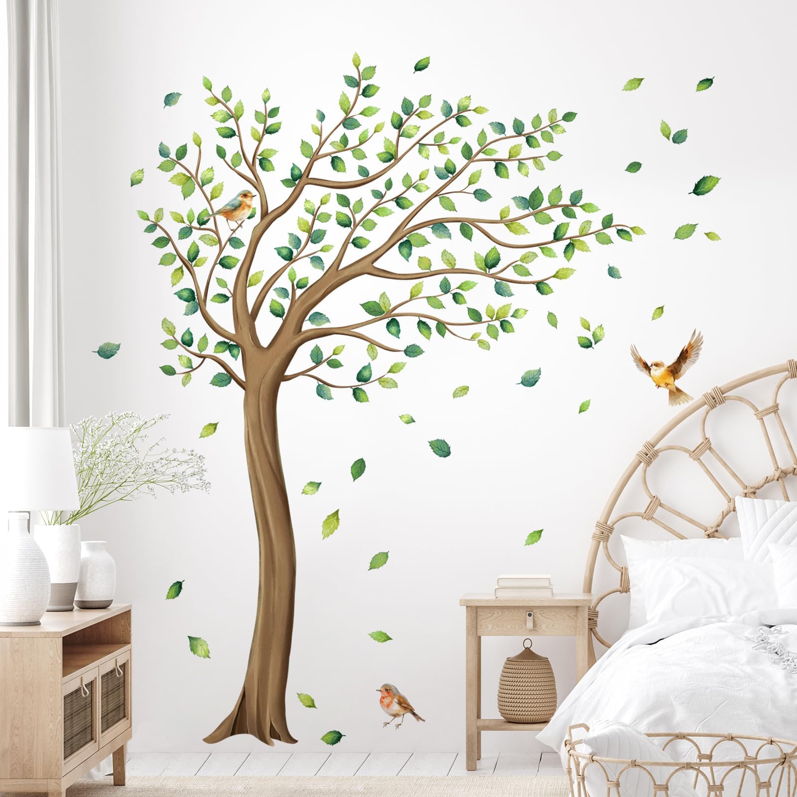 Amazon.com: wondever Large Tree Wall Stickers Green Leaves Birds Peel ...