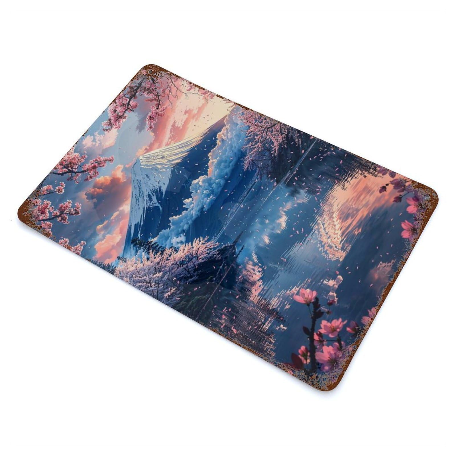 Peaceful Morning at Mount Fuji Rustic Tin Plaque 11.8"x7.9", Ideal for Shed, Workshop And Garage Wall Decor