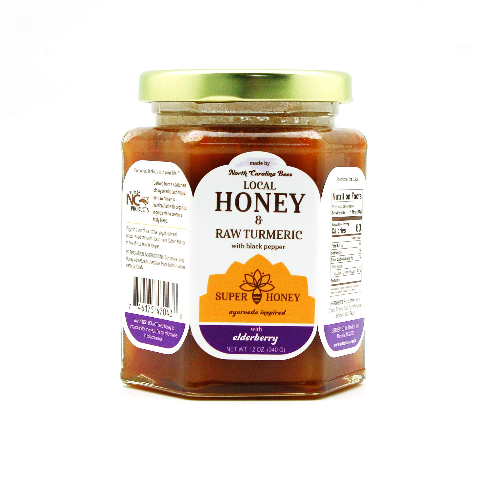 SUPER HONEY - North Carolina Raw Honey Jar with Turmeric, Elderberry, & Black Pepper - Ayurveda Inspired Raw Turmeric Honey - 12oz Glass Jar Made with Organic Ingredients - Raw raw unfiltered honey
