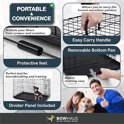 Miniatura 5 de Jaula plegable de alambre para perros con panel divisor, bandeja a prueba de fugas y patas protectoras, puerta individual y doble, jaula para perros