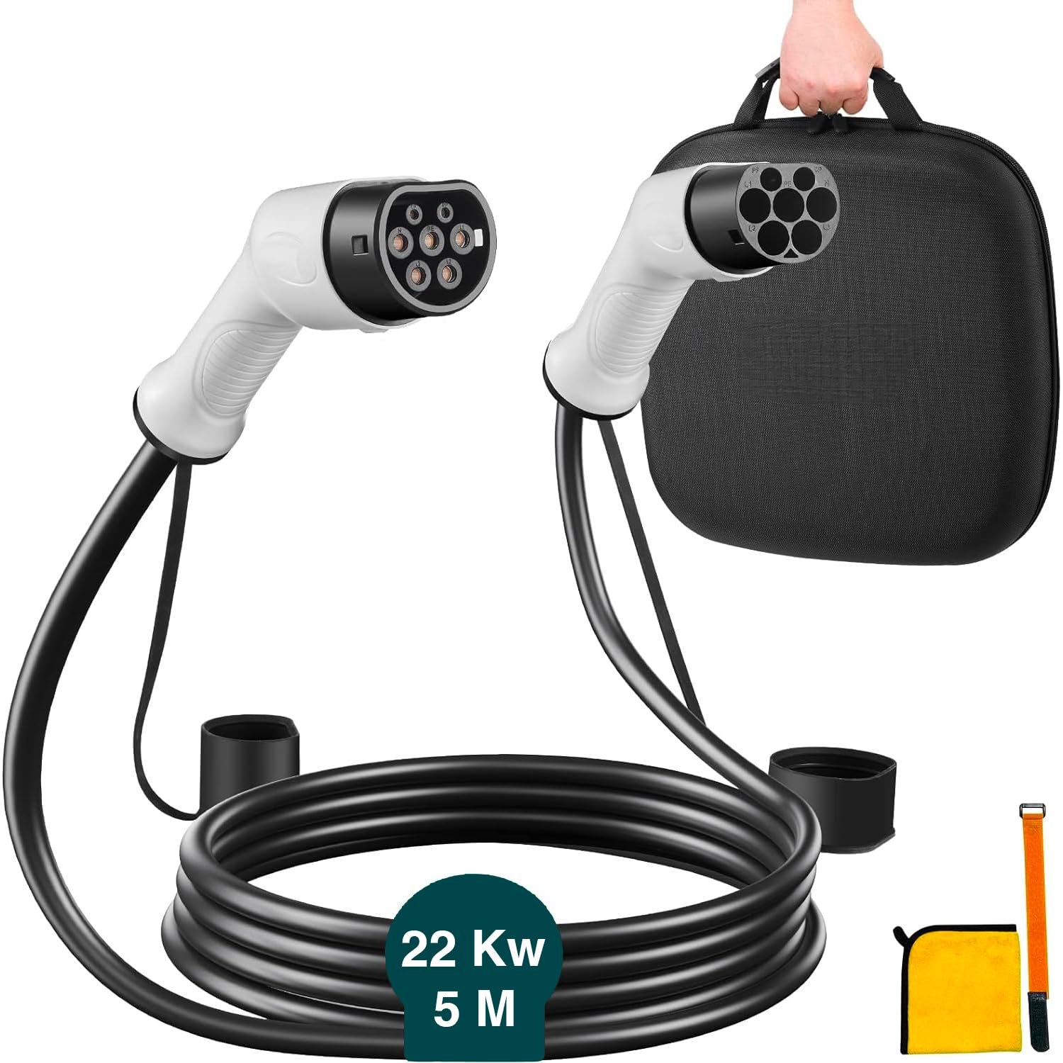 Avilia Cavo di Ricarica per Auto e Veicoli Elettrici di Tipo 2 con Custodia Protettiva con Cerniera - Compatibile con Stazioni di Ricarica Pubbliche e Domestiche, 22kW, 5 Metri