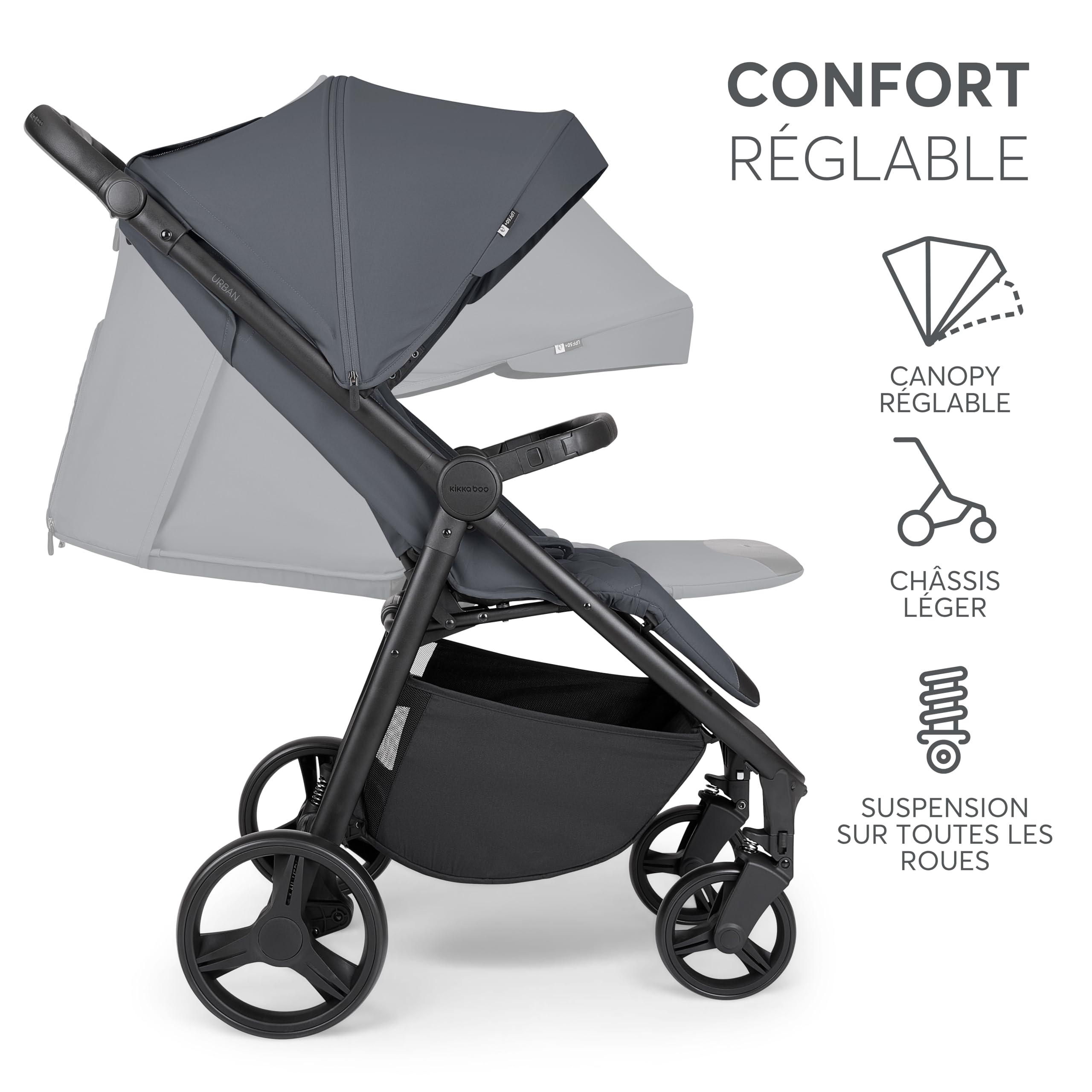 KikkaBoo Poussette Canne Compacte Bébé URBAN, Poussette Compacte Légère, Naissance à 22 kg, Pliage Automatique, Roues EVA avec Suspension, Gris Foncé