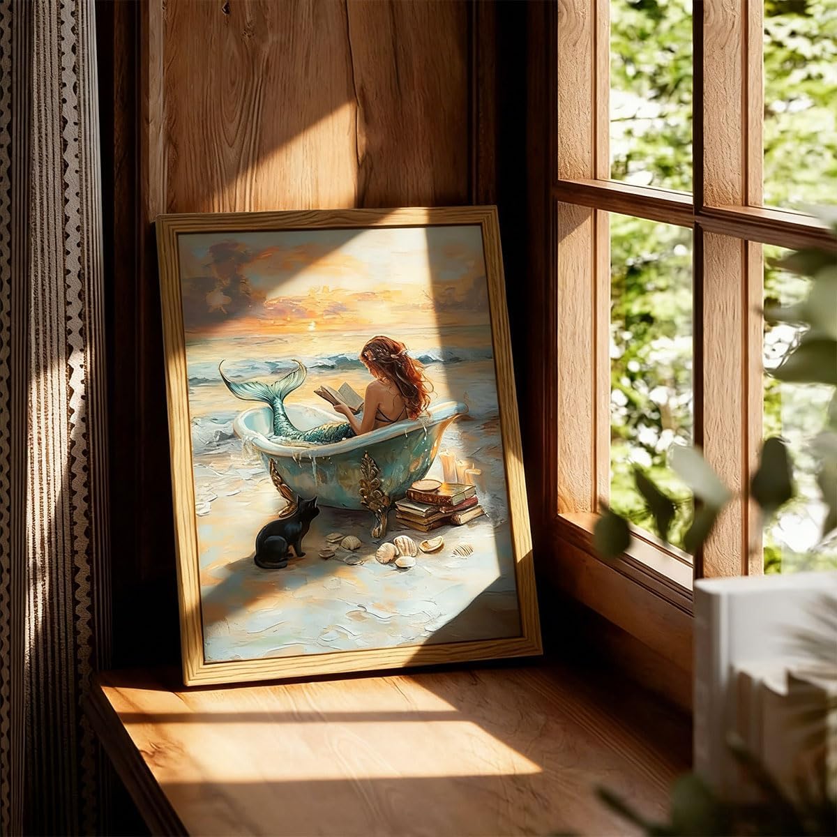 INADIKEIN Vintage Beach Shells Bathroom Wall Art, Cute Black Cat Mermaid Bathtub Reading Canvas Prints, 12x16 Framed, for Bedroom Bathroom Decor