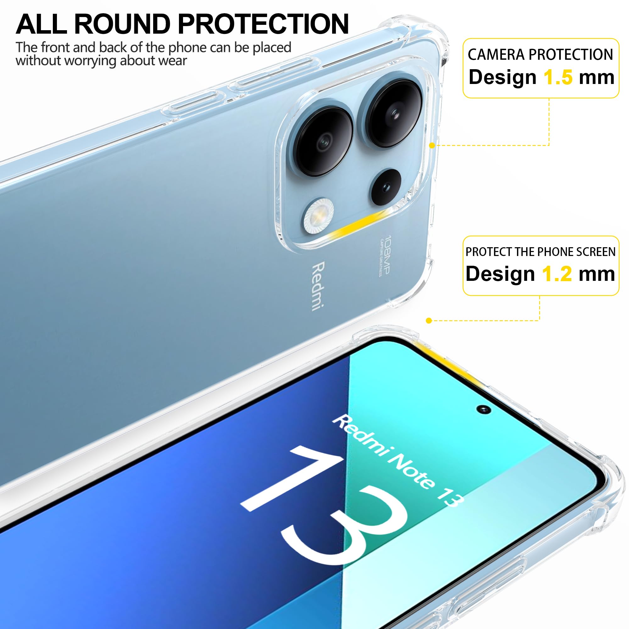Tentoki 3 En 1 Verre Trempé Et Coque Pour Xiaomi Redmi Note 13 4G (Niet Voor Note 13 5G),[Coussin D'air Intégré] Anti-Jaunissement Souple TPU Bumper Coque Protection,Transparente