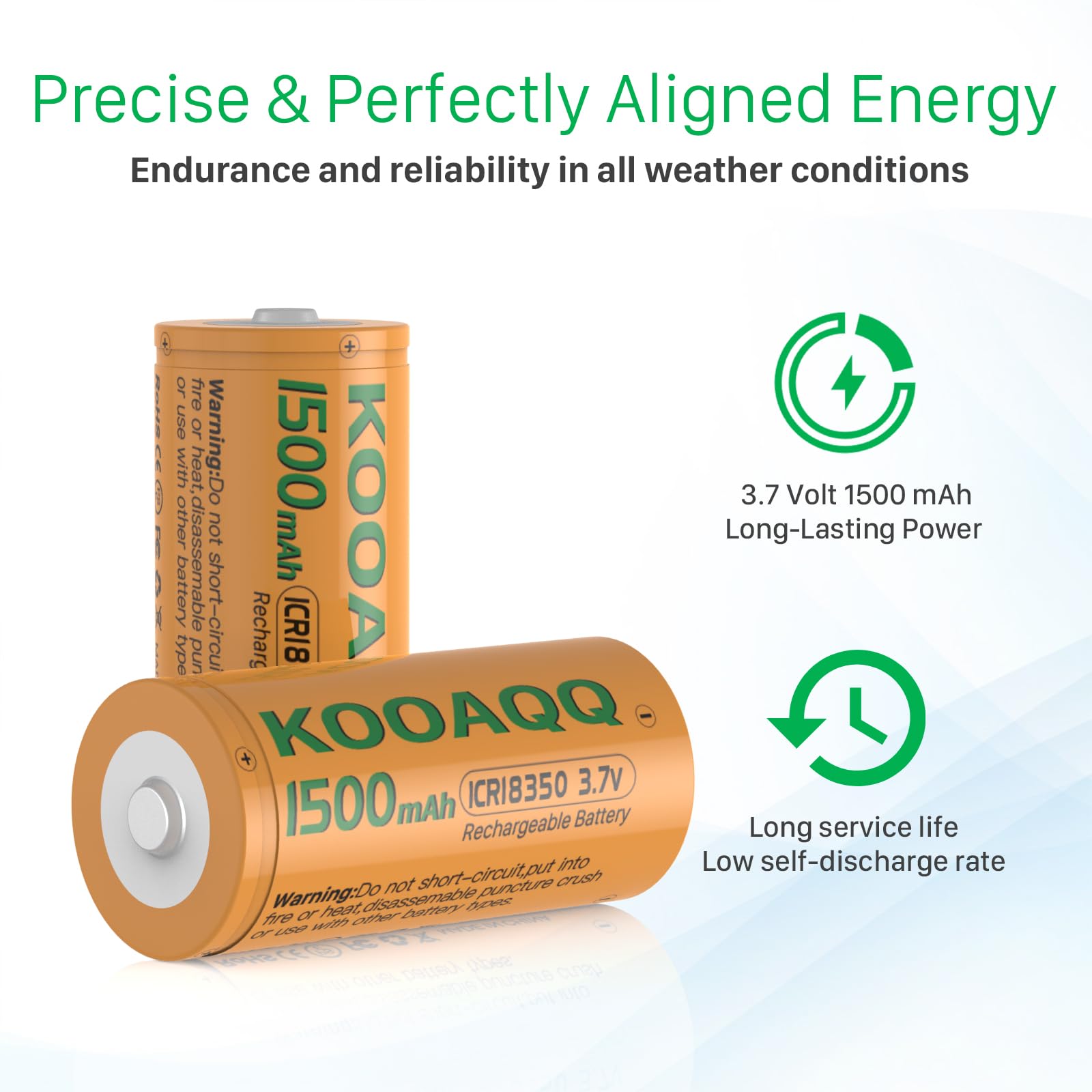 KOOAQQ [1500mAh] 2025 New Version High Capacity ICR 18350 NI18350A 3.7V Button Top Rechargeable Battery for Household and Business Devices-2 Pack