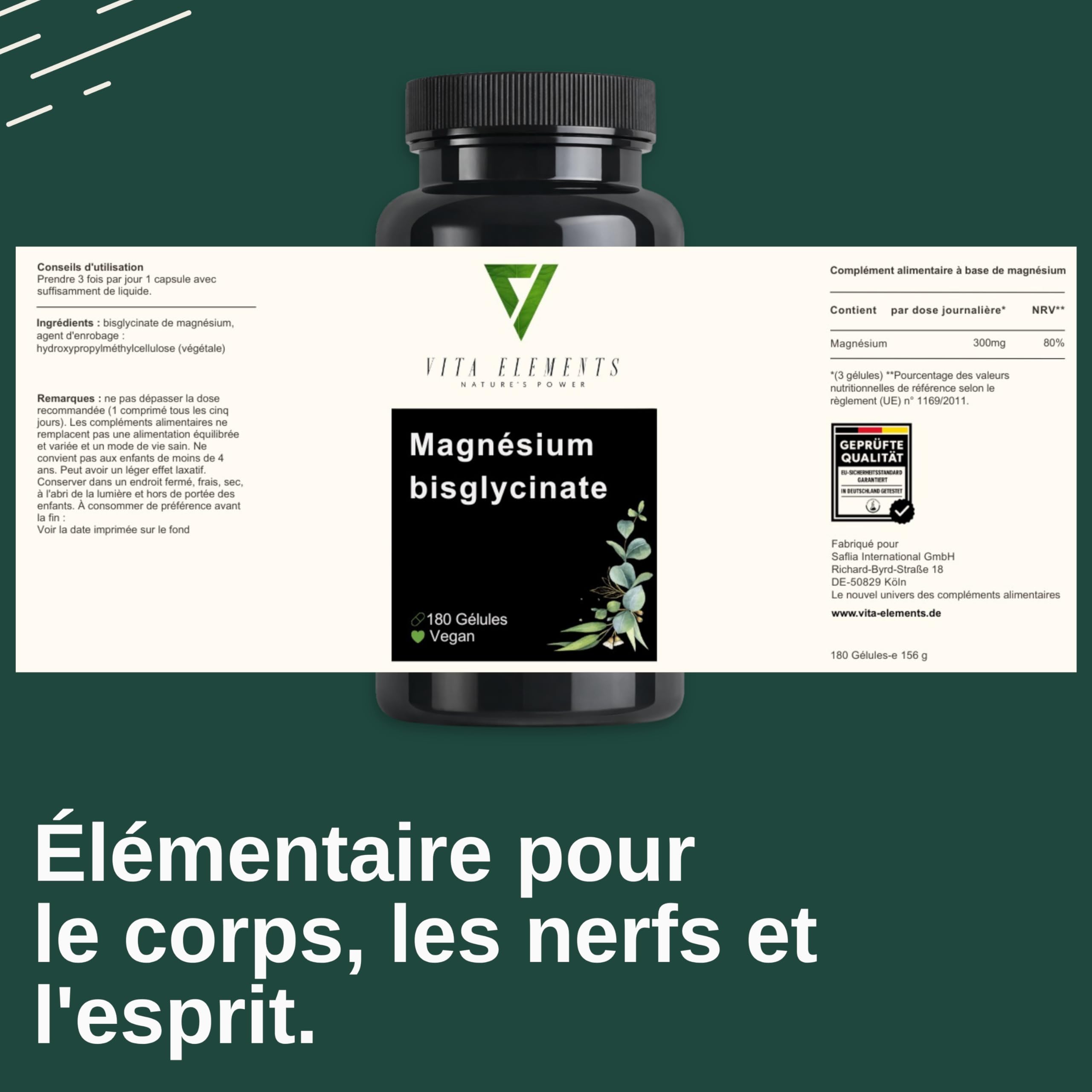 Vita Elements Bisglycinate de Magnésium - Magnésium Chélaté - 180 Gélules - 300mg Magnésium Élémentaire - 2 Mois de Stock - Testé en Laboratoire - Vegan - Haute Concentration (3)