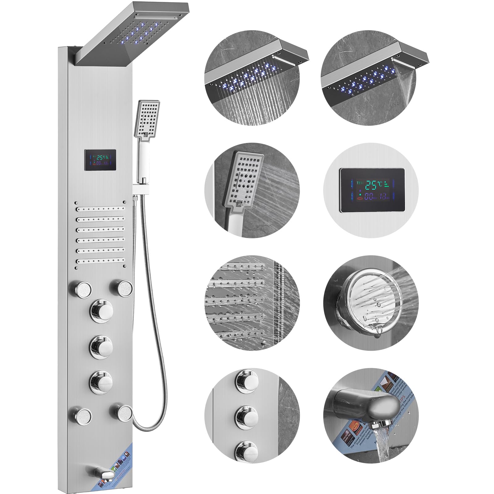 VEVOR Shower Panel Tower System, 6 Shower Modes, LED & Screen Hydroelectricity Shower Panel, Rainfall, Waterfall, 5 Massage Jets, Tub Spout, Handheld Shower, Stainless Steel Wall-Mounted Shower Set