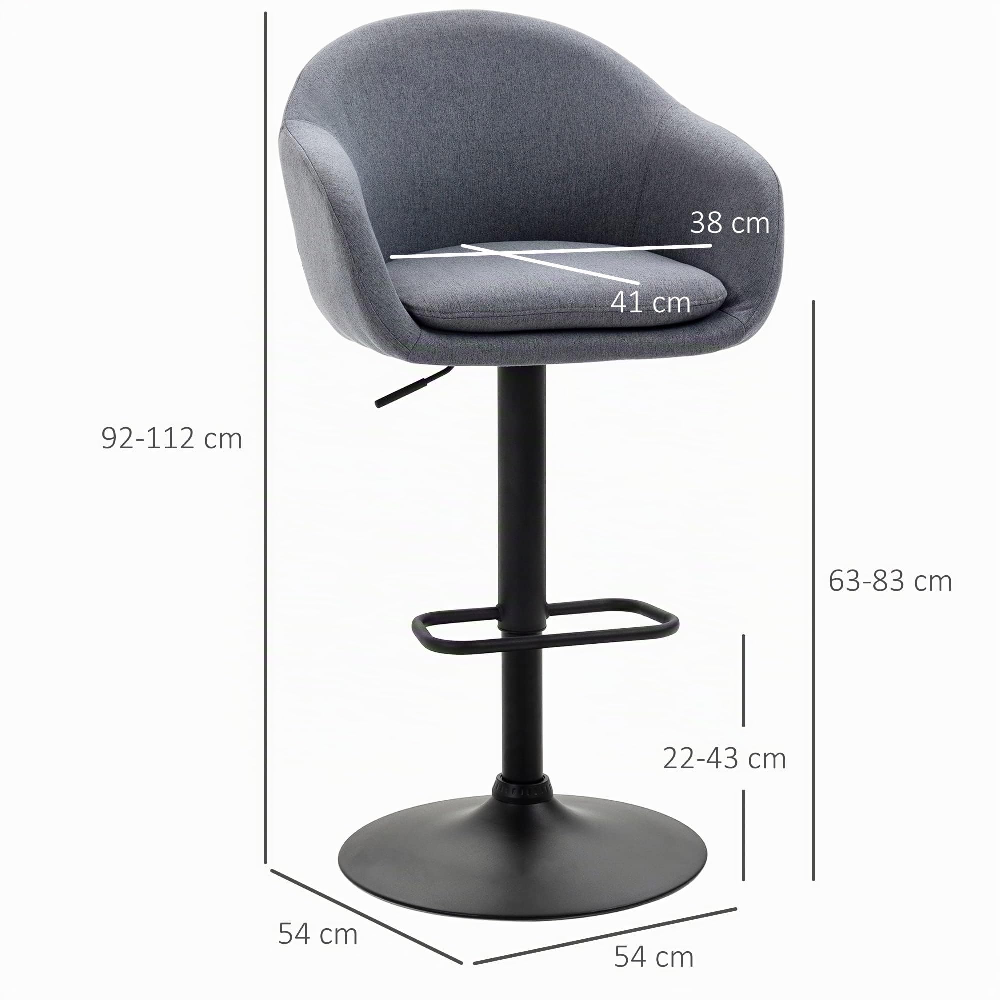 HOMCOM Taburete Alto de Cocina Pata de Acero 54x54x92-112 cm Gris Oscuro | Regulable en Altura, Taburete de Bar, Tapizado de Tela, Reposapiés, Carga 110 kg