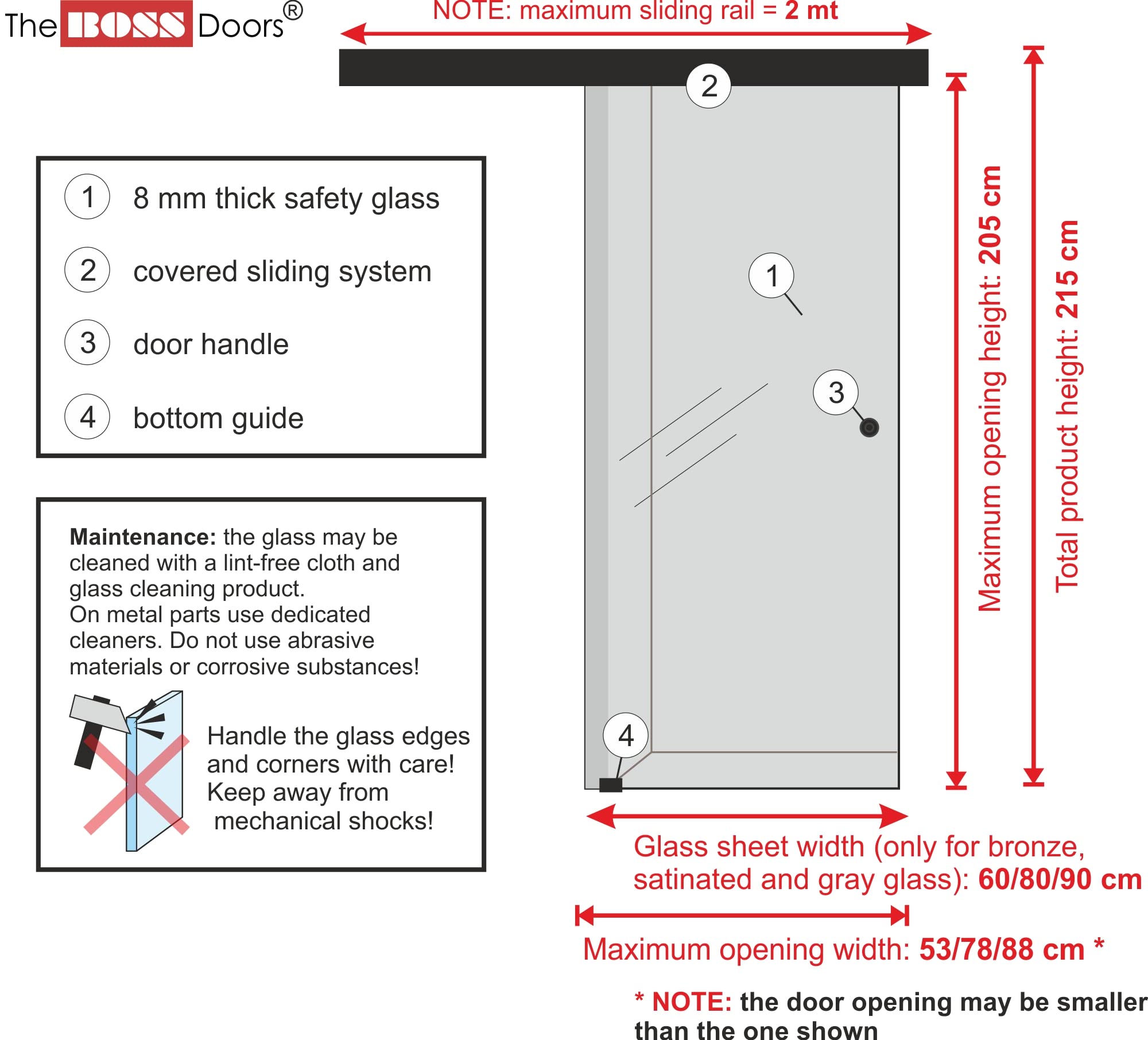 BOSS Black Puerta corredera del vidrio 90x215 cm (60/80/90 cm) Vidrio Bronce de 8 mm, kit completo de herrajes (90x215 cm)