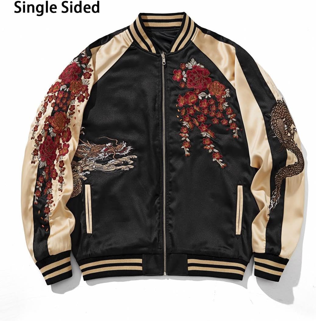 Dragon Embroidered Bomber Jacket Japanese Style Unisex Vintage Streetwear Zip Up Windbreaker Coat for Men Women Champagne