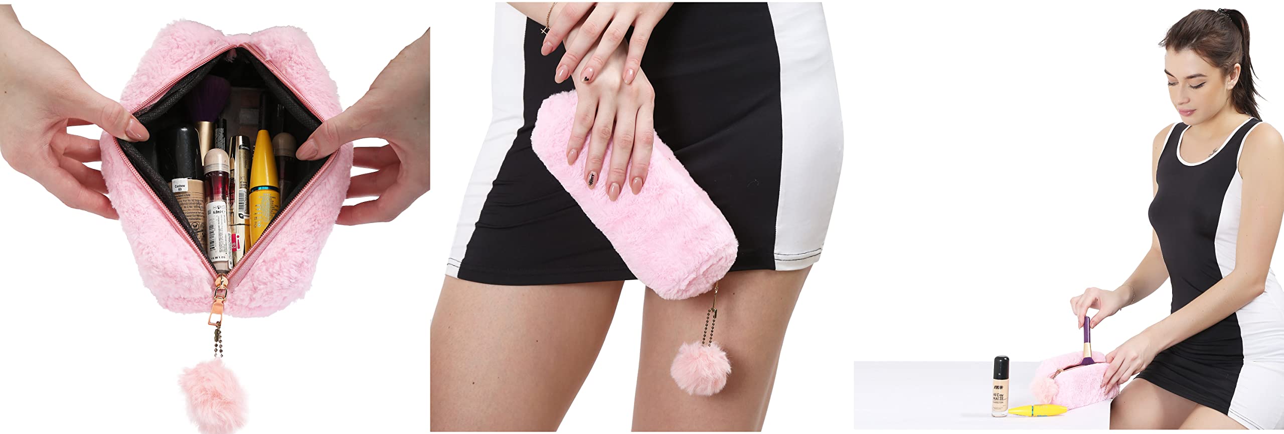 Sanjis Enterprise Pink Rainbow Fur Pencil Case Makeup Pouch(Multicolor) Pack of 2 4
