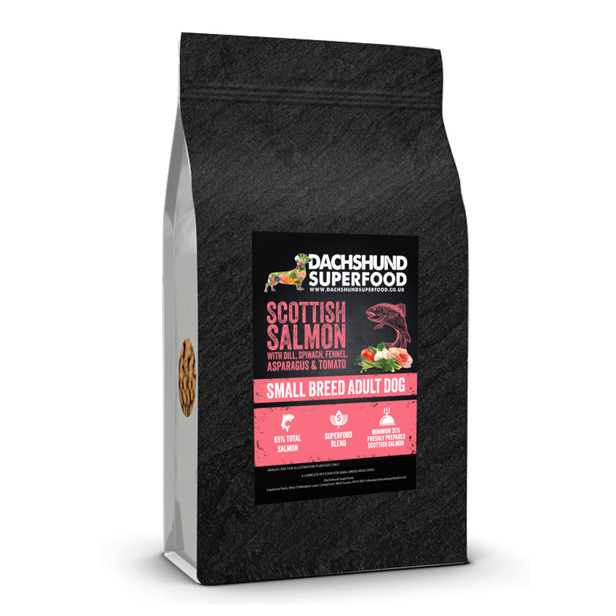 DACHSHUND SUPERFOOD Scottish Salmon Kibble - Dog Food, All Stages, 2kgs, 6kgs, 12kgs, Grain Free, Hypoallergenic, Salmon Flavor