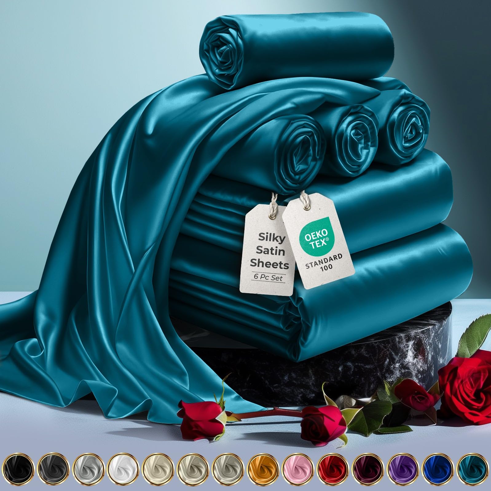 DECOLURE Satin Bed Sheets - 6 Piece Luxury Silky Queen Size Bedding Set - Softer Than Silk, Wrinkle-Free with 15” Deep Pocket Fitted Sheet, Perfect for Hair & Skin, Gifts for Women (Sea Teal)