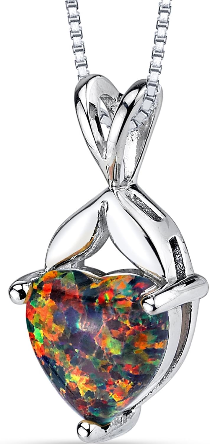 PEORA Created Black Fire Opal Heart Pendant Necklace for Women 925 Sterling Silver, Designer Solitaire, with 18 inch Chain, October Birthstone, w/Jewelry Box