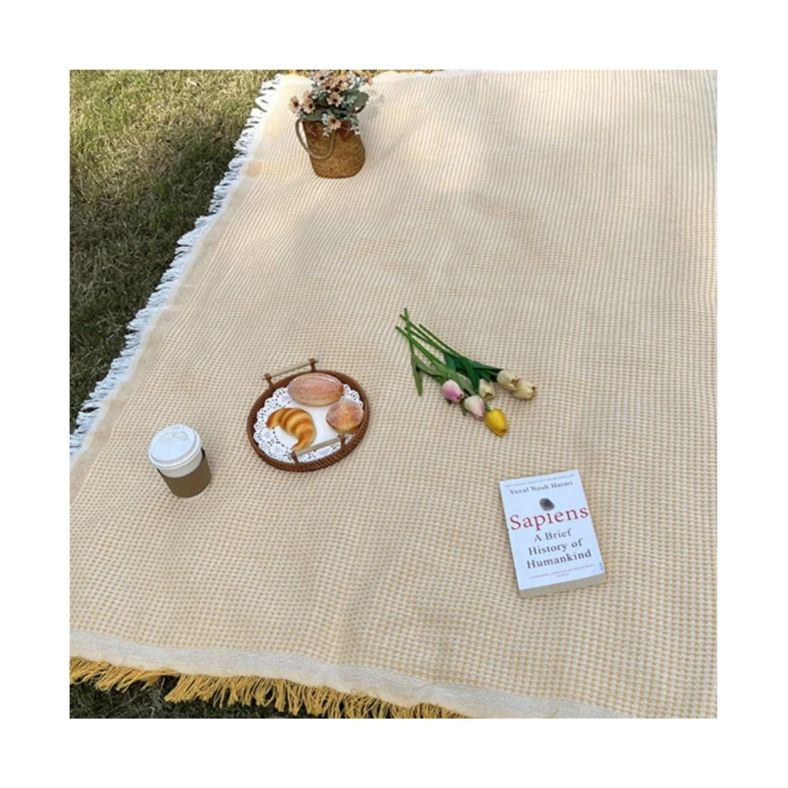 Przenośny koc piknikowy z frędzlami, duży, 180 x 230 cm, mata outdoorowa, na kemping, plażę, ogród, podróż, wszechstronny obrus i narzuta na łóżko, kolor biały