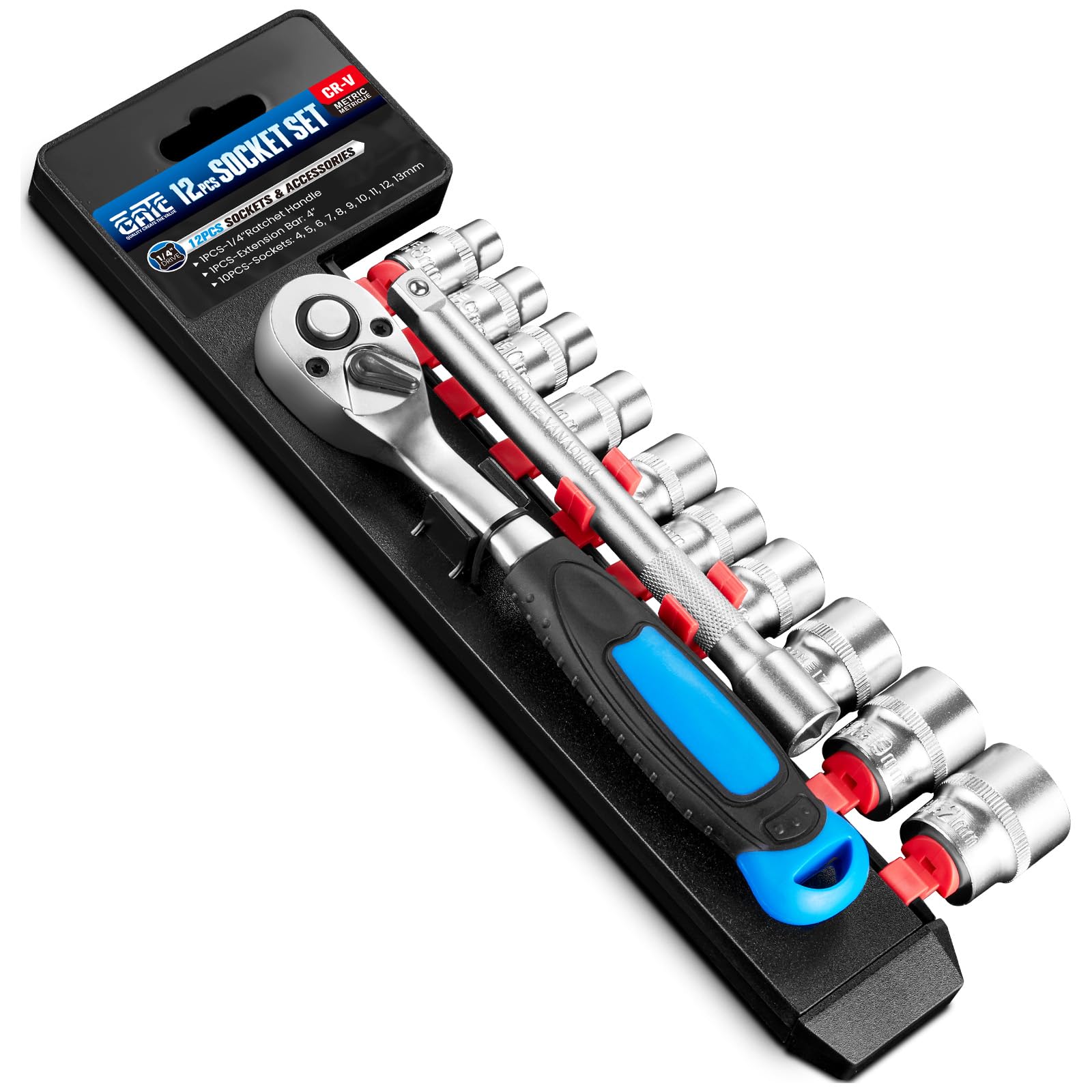 PGROUP 12PCS 1/4" Drive Metric Socket Wrench Set, 90-Tooth Reversible Ratchet Handle，6 Point Shallow Sockets (4-13mm) and Extension Bar 4", CR-V Steel, Tool Set For Car,Motorcycle,Bike Repair