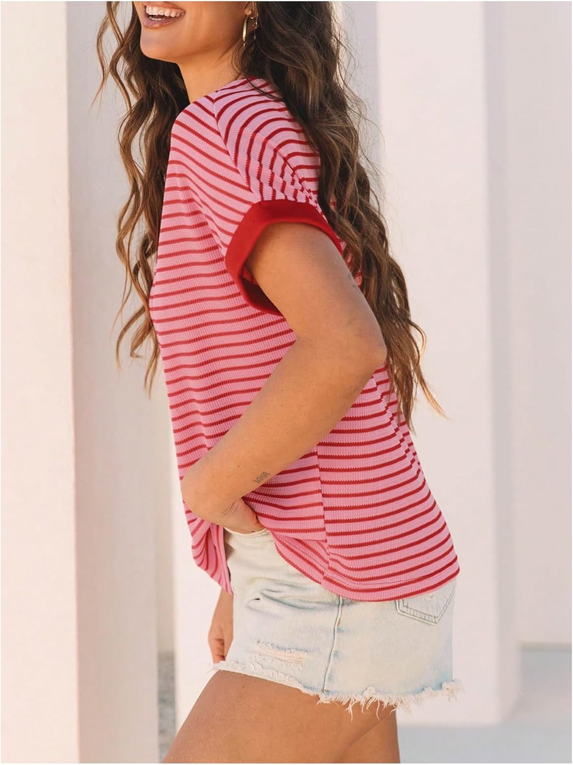 WDIRARA Women's Casual Striped Bat Wing Sleeve Knit T-Shirts Color Block Crew Neck Short Sleeve Tops - Image 6