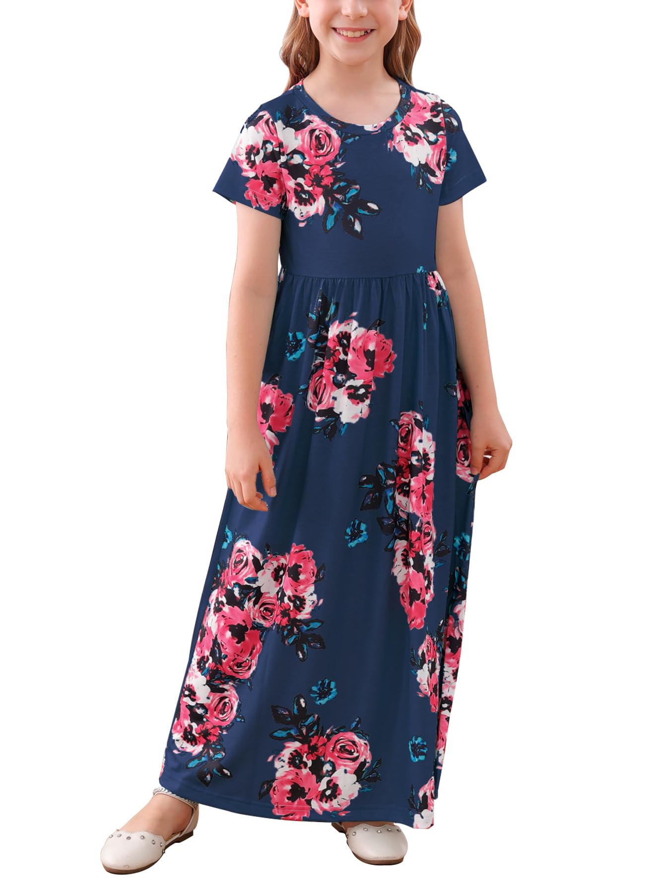 GORLYA Girl's Short Sleeve Floral Print Loose Casual Long Maxi Dress with Pockets 4-12 Years