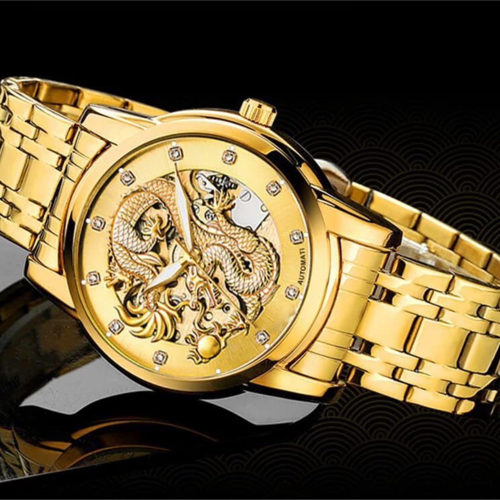 Reloj de Lujo Dragon Collection Limited for Hombre | Reloj de pulsera resistente al agua automático automático dorado con esfera tallada