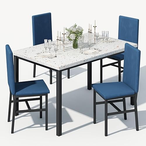 tantohom Juego de mesa de comedor estilo mármol para 4 muebles de marco de metal mesa de cocina y sillas para 4 juego de mesa de desayuno con 4