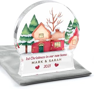 PERSONALISED New Home 1st First Christmas Ornament, Acrylic Snowglobe 1st Christmas In Our New Home Decoration, Housewarming Gifts, First Home New House Gifts For Couple, With Grey Bag
